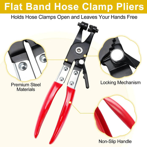 Flat band hose clamp pliers with premium steel construction and non-slip red handles, part of the 8-Piece Fuel Line Pliers Set