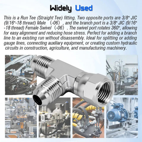 Run Tee Swivel Hose Fittings 3/8 JIC 9/16-18 SAE J514 Standard Carbon Steel Swivel Tee With 360 Degree Branch Port And 3/8 JIC Male Opposite Ports Easy Alignment And Less Hose Stress For Hydraulic Lines, carbon steel hydraulic tee