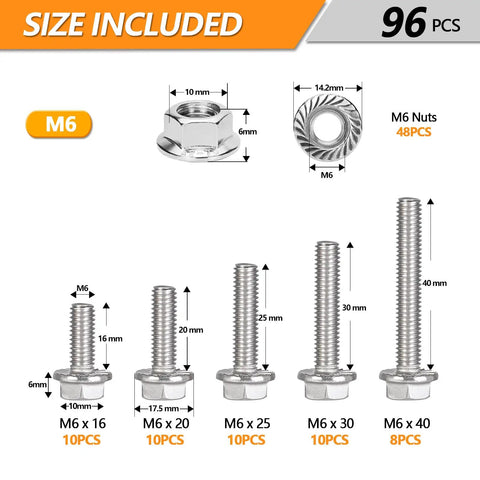 Assortment Of M6 Machine Screws In 16 20 25 30 40 Millimeter With Flange Hex Heads Premium 304 Stainless Steel Vibration Resistant For Tight Durable Fastening In Metal Or Wood Projects; M6 x 16 to 40mm sizes