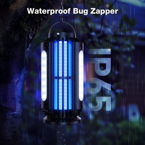 Cordless Bug Zapper For Patio And Camping Solar Powered Mosquito Zapper With LED Light Battery Operated Day Night Sensor IP65 Waterproof hanging outdoors in rain