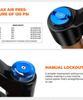 Close-up of MTB Air Suspension Fork's blue air valve and lockout adjustment, 120mm travel, 32mm stanchions shown.
