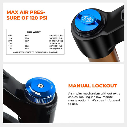 Close-up of MTB Air Suspension Fork's blue air valve and lockout adjustment, 120mm travel, 32mm stanchions shown.