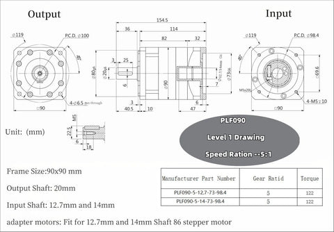 Technical diagram of 5:1 Planetary Gearbox For Nema 34 Stepper Motor With 86mm Frame And 20mm Output Shaft Dual Input Shafts 14mm And 12.7mm