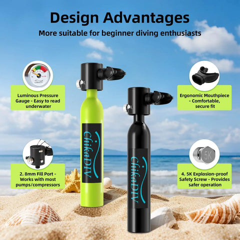 Compact 0.5L Mini Scuba Tank Portable Reusable Underwater Breathing Pony Bottle With DOT Certification For Pool Diving Snorkeling And Emergency Backup Air Supply Green and black tanks on beach with features displayed.