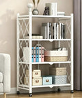 Heavy Duty Metal Storage Shelf with Four Tiers and Smooth Rolling Wheels for Kitchen Organization in classic white, filled with books and boxes.