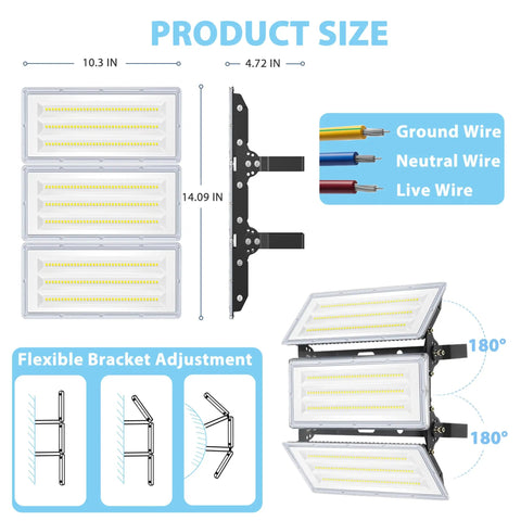 Diagram showing Beast Mode 300W LED Flood Light For Outdoors, 30,000 Lumens Stadium Lighting with size and bracket details.