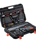 314 Piece Mechanic Tool Set Built Like A Tank With 1/4 3/8 And 1/2 Inch Drive Metric Sockets Ratcheting Wrenches Screwdriver Bits Hella Tough High Grade Chrome Vanadium Storage Box No Sweat Setup For Auto Jobs displayed in open storage case.
