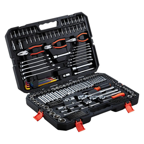314 Piece Mechanic Tool Set Built Like A Tank With 1/4 3/8 And 1/2 Inch Drive Metric Sockets Ratcheting Wrenches Screwdriver Bits Hella Tough High Grade Chrome Vanadium Storage Box No Sweat Setup For Auto Jobs displayed in open storage case.