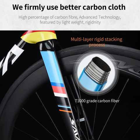 Close-up of Carbon Road Bike With Lightweight T1000 Frame And 24 Speed Shifting, illustrating multi-layer carbon fiber material.
