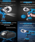 Heavy Duty Electric Hydraulic Crimping Pliers Rechargeable Battery 360 Rotating Head Pro Grade Tool with ergonomic rubber and LED lights.