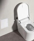 No Sweat 8X8 White Plastic Access Panel With Door, 6.5 Inch Opening Ideal For HVAC And Plumbing next to a modern toilet.