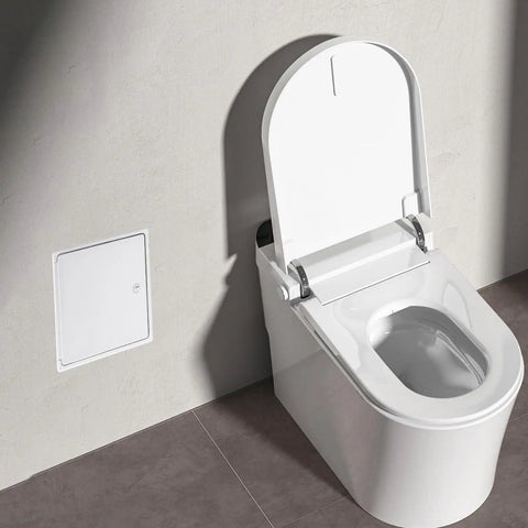 No Sweat 8X8 White Plastic Access Panel With Door, 6.5 Inch Opening Ideal For HVAC And Plumbing next to a modern toilet.