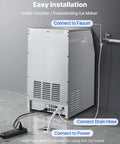 Rock Solid Commercial Ice Maker, Drip Free Self Cleaning LED Interface With Up To 130 Lbs Daily Production And Super Roomy 30 Lb Storage Bin, Undercounter Stainless Steel Gear For Home Bars showing installation connections.