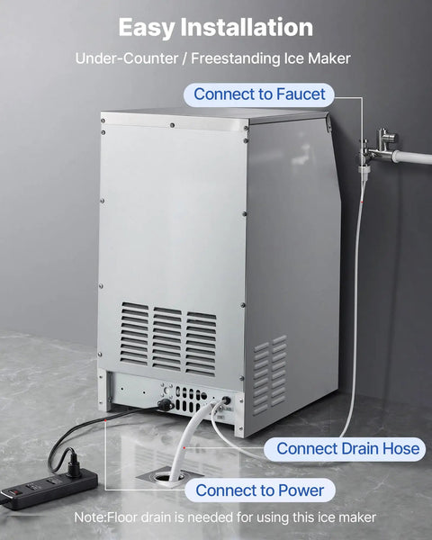 Rock Solid Commercial Ice Maker, Drip Free Self Cleaning LED Interface With Up To 130 Lbs Daily Production And Super Roomy 30 Lb Storage Bin, Undercounter Stainless Steel Gear For Home Bars showing installation connections.