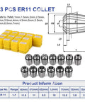 13 ER11 collets ranging from 1mm to 7mm with yellow storage cases for ProLevel 2.2Kw Water Cooled Cnc Spindle Motor work.