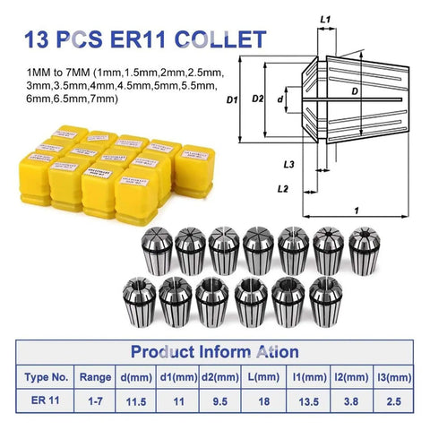 13 ER11 collets ranging from 1mm to 7mm with yellow storage cases for ProLevel 2.2Kw Water Cooled Cnc Spindle Motor work.