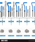 Gearhead Friendly Thread Repair Kit For Auto Shop Use With Universal SAE And Metric Inserts and tools shown in SAE sizes