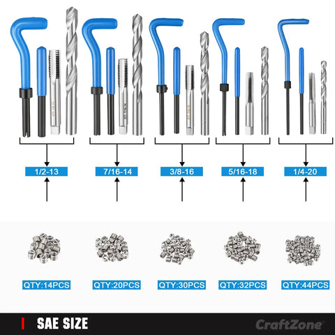 Gearhead Friendly Thread Repair Kit For Auto Shop Use With Universal SAE And Metric Inserts and tools shown in SAE sizes