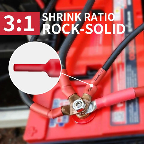 Close-up of red Heat Shrink Tubing Kit With Adhesive Lined Marine Resistant Pro Grade Three To One Shrink Ratio on battery cables