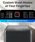 Built Tough 27 Lbs Full Automatic Washer And Spinner Combo With 10 Programs And 8 Water Levels, No Sweat Portable Laundry Machine For Tiny Apartment Dorm Or Rv Setup In Grey control panel displaying wash options and timer.