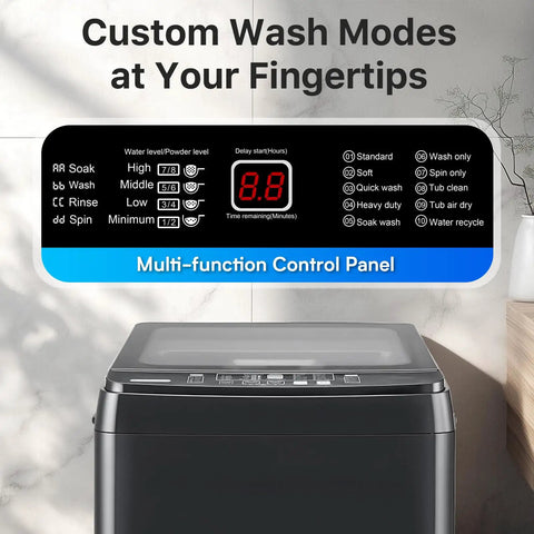 Built Tough 27 Lbs Full Automatic Washer And Spinner Combo With 10 Programs And 8 Water Levels, No Sweat Portable Laundry Machine For Tiny Apartment Dorm Or Rv Setup In Grey control panel displaying wash options and timer.
