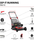 Self Propelled 21 Inch Gas Lawn Mower With 170cc OHV Engine diagram showing components like wheels, filter, and chute.