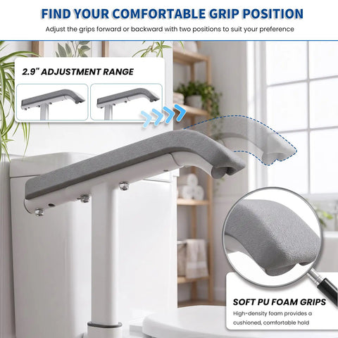 Built Tough Toilet Safety Rails For Seniors With No Wobble Stability and Wide Anti Slip Base For Tile Or Hardwood Floors Straightforward Setup Handicap Support Frame with adjustable foam grips.