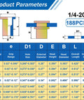 Rivet Nut Kit 188-Piece 1/4-20 Zinc Plated Carbon Steel Rivnuts With Flat Head Knurled Threads dimensions chart.