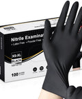 Schneider nitrile exam gloves, black, latex-free and powder-free, large, 100-count box.