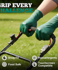 TitanFlex heavy-duty dark-green nitrile gloves with raised diamond grip; hands gripping a lawn mower handle.