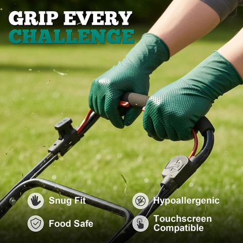 TitanFlex heavy-duty dark-green nitrile gloves with raised diamond grip; hands gripping a lawn mower handle.