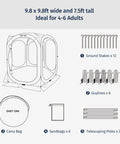 Diagram showing Pop Up Screen Tent Oasis 10 By 10 Ft Portable Screen Room Canopy with ground stakes, guylines, sandbags, carry bag, and poles.