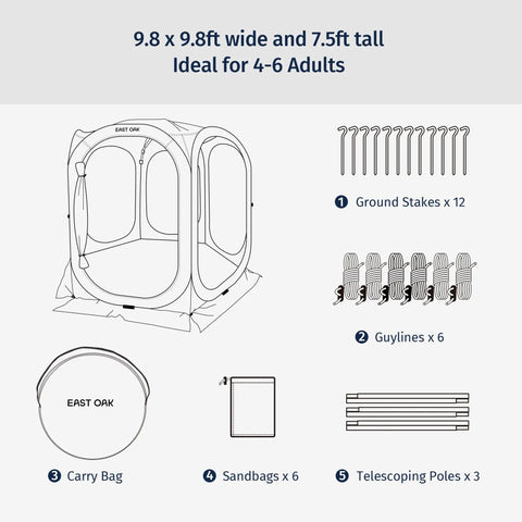 Diagram showing Pop Up Screen Tent Oasis 10 By 10 Ft Portable Screen Room Canopy with ground stakes, guylines, sandbags, carry bag, and poles.