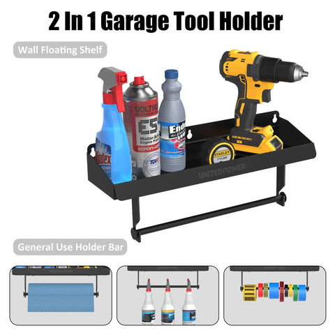 2 In 1 Wall Mounted Tool Tray With Paper Holder For Workshop Shed And Garage Heavy Duty Small Tools Rack Quick Access Storage Organizer Keeps Your Gear Ready And Neat Holds Up To 40 Lbs, showing tools and paper towel.