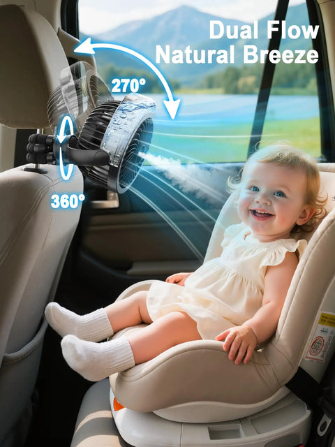 Cooling Misting Stroller Fan With 6000mAh Battery, Portable Personal Fan With Light for Baby with 360 Degree Pivot in car