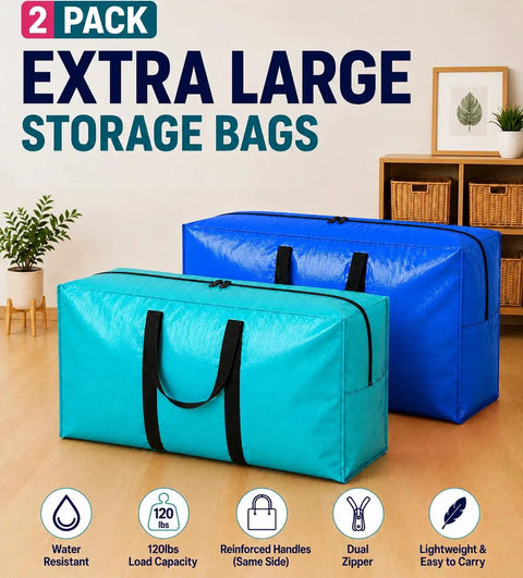 Two Monster Size Waterproof Moving Storage Duffel Bag Heavy Duty Extra Large Tote For Home And Garage in turquoise and blue colors