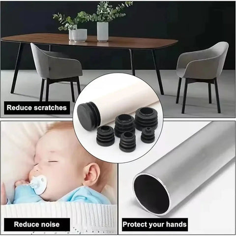 Rock Solid 20 To 100 Piece Round Plastic Chair Leg Protectors And End Caps For Furniture Table Feet. Easy Slide On Pipe Inserts Made Durable PE Plastic Tubing Covers Perfect Hardware Kit. Super Snug Fit No Tools Needed Protect Floors With Style And Tough. Round black PE plastic chair leg caps on furniture legs to reduce scratches and noise