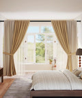 Interior bedroom window with No Drill Tension Curtain Rod 43 To 124 Inch Adjustable Extra Long Beefy Heavy Duty Spring Loaded Rod For Windows And Patio Black Non Slip Holds Up To 26 Lbs Ideal For Rentals And Blackout Curtains