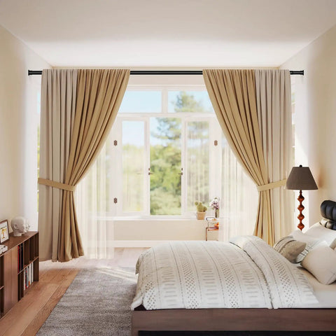 Interior bedroom window with No Drill Tension Curtain Rod 43 To 124 Inch Adjustable Extra Long Beefy Heavy Duty Spring Loaded Rod For Windows And Patio Black Non Slip Holds Up To 26 Lbs Ideal For Rentals And Blackout Curtains