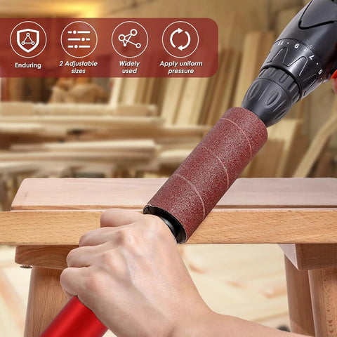 FALESOUL spindle sander adapter on a power drill; hand-held rubber sanding drum with red abrasive sleeve