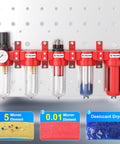 Beefed Up Industrial Grade 5 Stage Air Drying System With 0-150 PSI Regulation, 1/2 Inch NPT Red mounted on a perforated panel