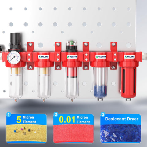 Beefed Up Industrial Grade 5 Stage Air Drying System With 0-150 PSI Regulation, 1/2 Inch NPT Red mounted on a perforated panel