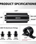 Inline Fuel Filter 10 Micron With 6AN 8AN 10AN Adapters And Bracket Clamp 50mm showing dimensions and fittings
