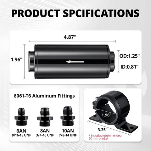 Inline Fuel Filter 10 Micron With 6AN 8AN 10AN Adapters And Bracket Clamp 50mm showing dimensions and fittings
