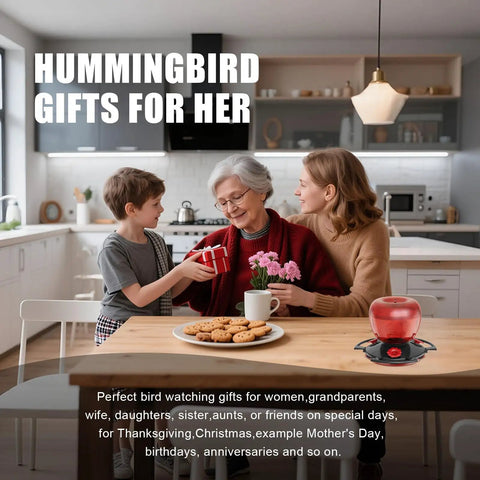 Family exchanging gifts in kitchen with Hummingbird Feeder With Ant Moat For Outdoors 10 Oz Nectar Dispenser on table.