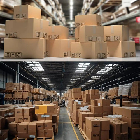 Automatic Heavy Duty Case Sealer With Adjustable Carton Belt Drive Smooth Continuous Operation Rock Solid Workhorse For Busy Warehouses stacked boxes in a warehouse setting.