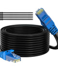 Cat6 Outdoor Ethernet Cable 100 Ft Black Heavy Duty Network Cable For POE Cameras And RJ45 LAN Patch Waterproof Direct Burial With UV Resistant Jacket Durable Weatherproof Cord Plus 25 Ties