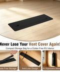 Heavy Duty Aluminum RV Floor Vent Cover 2 By 10 Inch Kit Magnetic Removable Floor Register Trap Replacement Black Pet Friendly Built Tough Anti Rust RV Heater Vent Cover 2 Pack secured on wooden floor with storage bag
