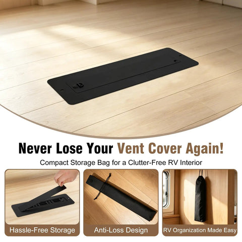 Heavy Duty Aluminum RV Floor Vent Cover 2 By 10 Inch Kit Magnetic Removable Floor Register Trap Replacement Black Pet Friendly Built Tough Anti Rust RV Heater Vent Cover 2 Pack secured on wooden floor with storage bag