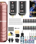 Wireless Tattoo Pen Kit For Beginners With Dual 1200mAh Batteries Noob Friendly Practice Set showing components and ink pack